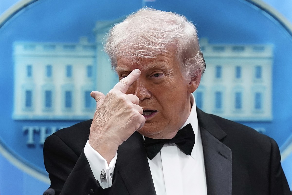 KEYPIX - President Donald Trump gestures as he speaks in the James Brady Press Briefing Room at the White House after an unspecified threat at the annual White House Correspondents' Association D ...