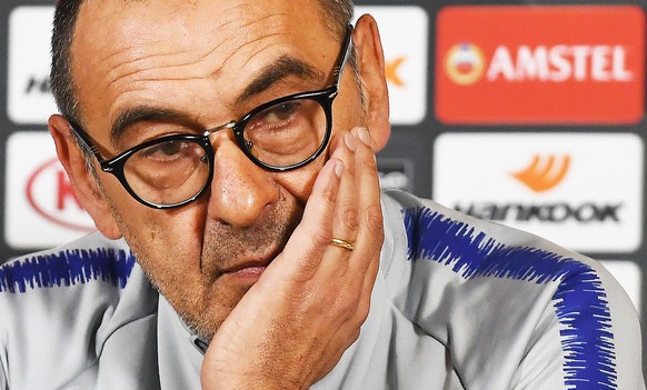 epa07555575 Chelsea manager Maurizio Sarri attends a press conference at Chelsea&#039;s training ground in Cobham, south-east of London, Britain, 08 May 2019. Chelsea FC will face Eintracht Frankfurt  ...