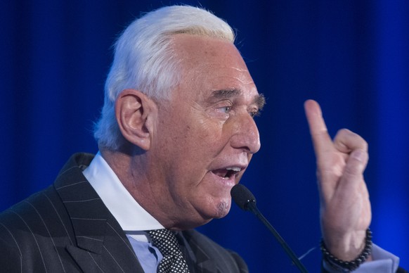 epa07213408 Political strategist and long-time friend of US President Donald J. Trump, Roger Stone, delivers an address at the American Priority 2018 conference in Washington, DC, USA, 06 December 201 ...