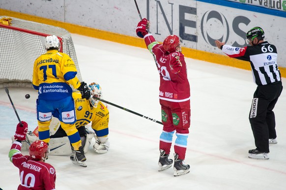 Lausanne&#039;s Joel Genazzi celebrates his goal on 3:0 during a National League A regular season game of the Swiss Championship between Lausanne HC, LHC, and HC Davos, at the Malley stadium in Lausan ...