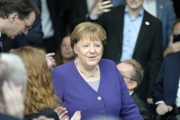 Former German Chancellor Angela Merkel arrives during a reception of the North Rhine-Westphalian Christian Democratic Union, CDU, in Duesseldorf, Germany, Saturday, Jan. 18, 2025, ahead of the federal ...