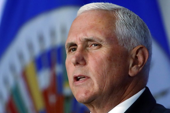 Vice President Mike Pence speaks at the Organization of American States, Monday, May 7, 2018, in Washington, where he asked the countries of the Western Hemisphere to suspend Venezuela from the 35-nat ...