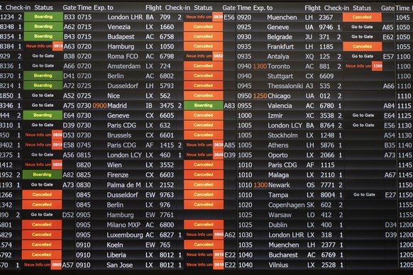 epa10013879 A display panel at Zurich airport, Switzerland, 15 June 2022. Due to an IT breakdown at Skyguide, Zurich and Geneva airports are currently out of service. The Swiss air navigation service  ...