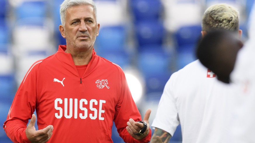 Switzerland&#039;s head coach Vladimir Petkovic speaks during a training session on the eve of the FIFA World Cup 2018 group E preliminary round soccer match between Switzerland and Costa Rica at the  ...