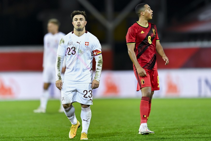 epa08814693 Switzerland&#039;s midfielder Xherdan Shaqiri (L) reacts next to Belgium&#039;s midfielder Youri Tielemans during the friendly soccer match between Belgium and Switzerland at the Den Dreef ...