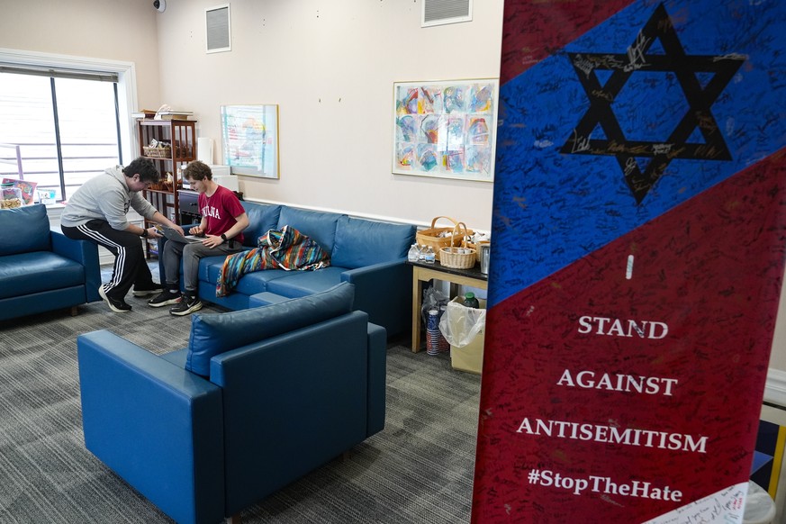 Jewish students gather at the Helene G. Simon Hillel Center at Indiana University in Bloomington, Ind., Tuesday, Feb. 13, 2024. An Indiana bill to address antisemitism on college campuses lost support ...