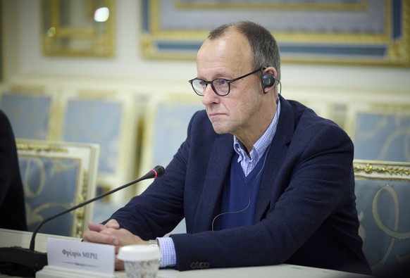 epa11766525 A handout photo made available by the Presidential Press Service of Ukraine shows Friedrich Merz, Chairman of Germany?s Christian Democratic Union (CDU) party, during a meeting with Ukrain ...