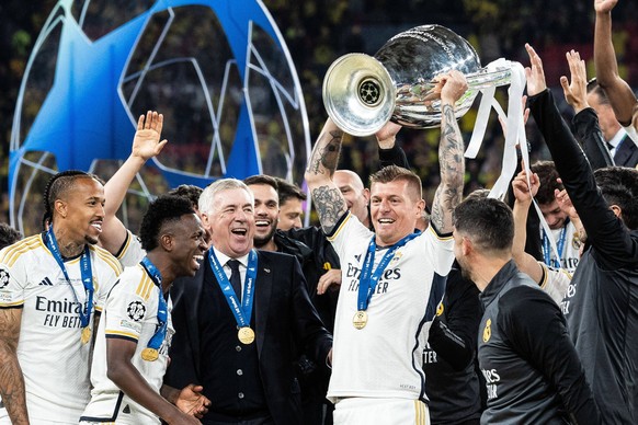 UEFA Champions League Final 2024: Borussia Dortmund - Real Madrid 01.06.2024 Eder Militao Real Madrid, 3, Vinicius Junior Real Madrid, 7, Carlo Ancelotti Trainer Real Madrid sowie Toni Kroos Real Madr ...