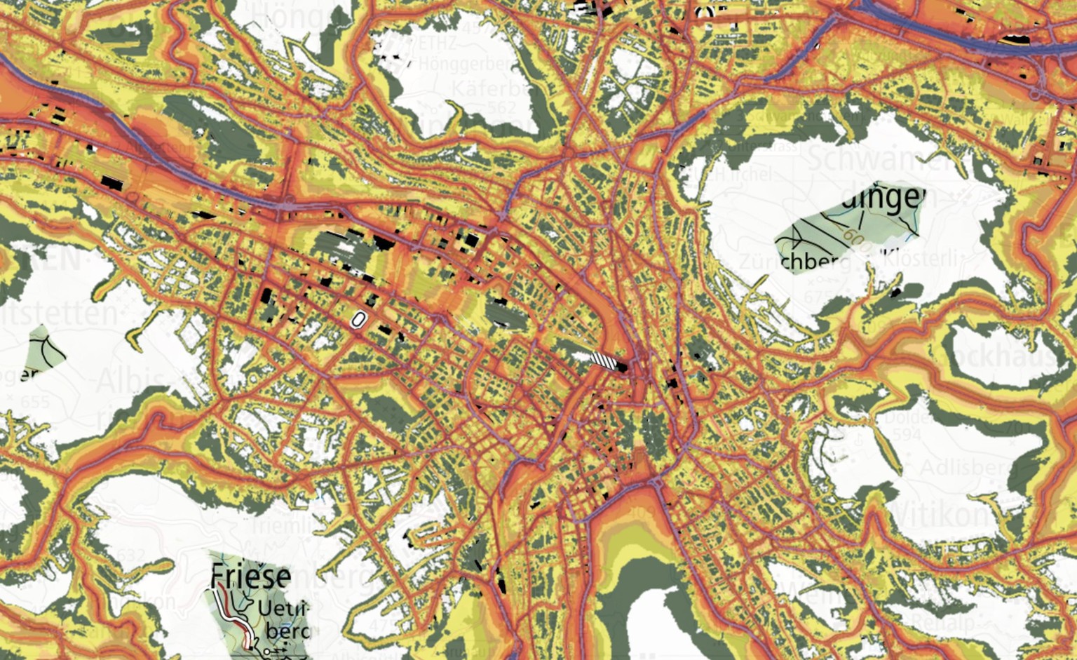 So sieht die Lärmkarte der Stadt Zürich aus.