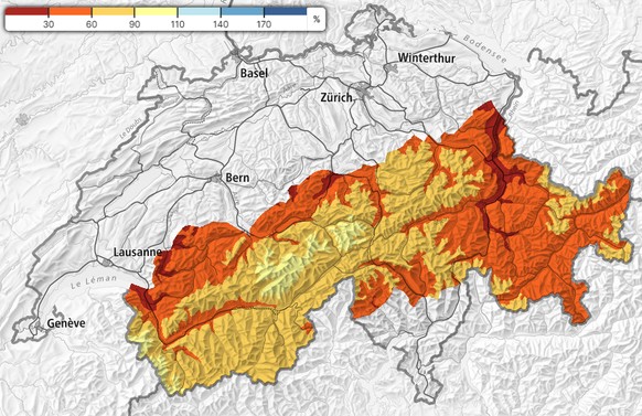 Relative Schneehöhe am 23. Januar 2025 im Vergleich zum Mittelwert der Jahre 1991–2020.