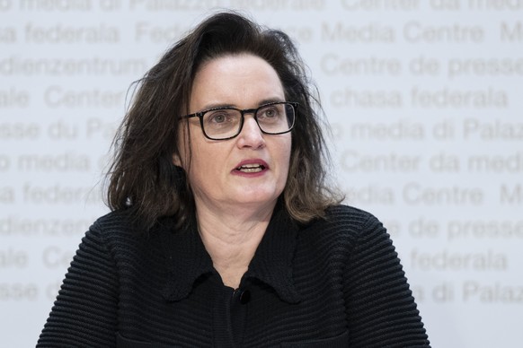 Marlene Amstad, Praesidentin des Verwaltungsrats von der Finanz Marktaufsicht FINMA, orientiert ueber die Aufarbeitung der Credit Suisse Krise, am Dienstag, 19. Dezember 2023, in Bern. (KEYSTONE/Peter ...