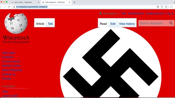 Wikipedia-Seiten mit Hakenkreuz verunstaltet am 16. August 2021.