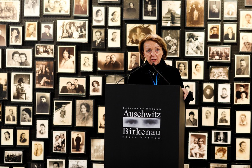 epa10433774 Former prisoner Eva Umlauf at the site of the Auschwitz-Birkenau Nazi German concentration and extermination camp on the 78th anniversary of its liberation in Oswiecim, Poland, 27 January  ...