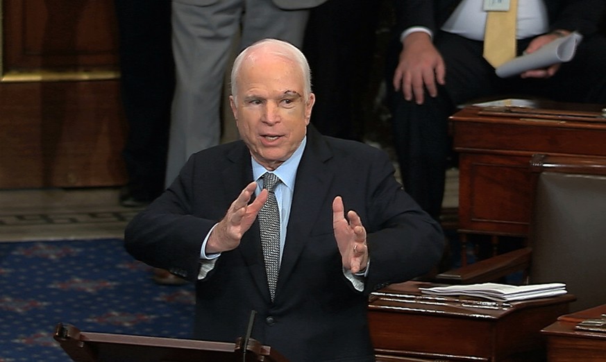 In this image from video provided by Senate Television, Sen. John McCain, R-Ariz. speaks the floor of the Senate on Capitol Hill in Washington, Tuesday, July 25, 2017. McCain returned to Congress for  ...