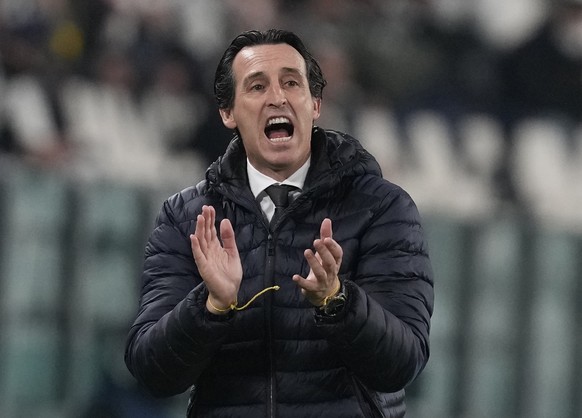 FILE - Villarreal&#039;s manager Unai Emery gestures during the Champions League, round of 16, second leg soccer match between Juventus and Villarreal at the Allianz stadium in Turin, Italy, March 16, ...