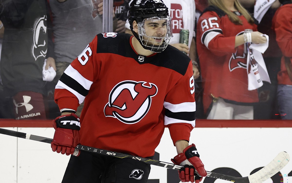 New Jersey Devils right wing Timo Meier reacts after scoring a goal against the Carolina Hurricanes during the first period of Game 3 of an NHL hockey Stanley Cup second-round playoff series, Sunday,  ...