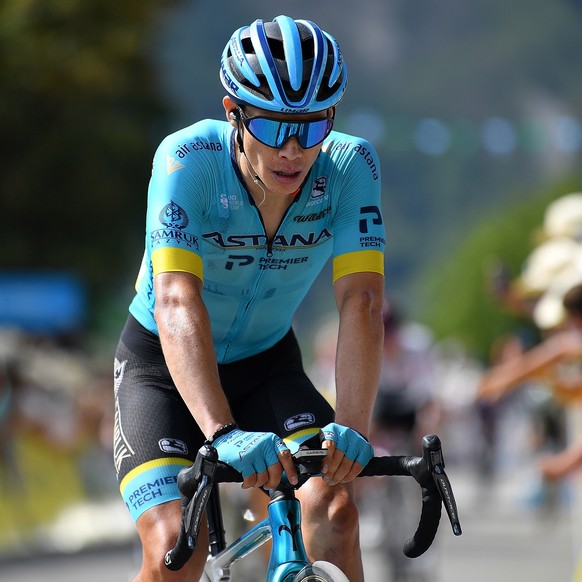 epa08603646 Colombian rider Miguel Angel Lopez of Astana Pro Team crosses the finish line during the 3rd stage of the Criterium du Dauphine cycling race over 157km between Corenc and Saint-Martin-de-B ...