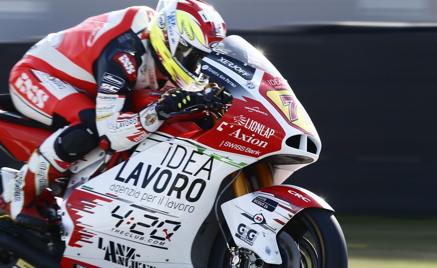 Switzerland&#039;s rider Dominique Aegerter of the MV Agusta Idealavoro Forward steers his motorcycle during a warm up session for the Moto2 race of the Dutch Grand Prix in Assen, northern Netherlands ...