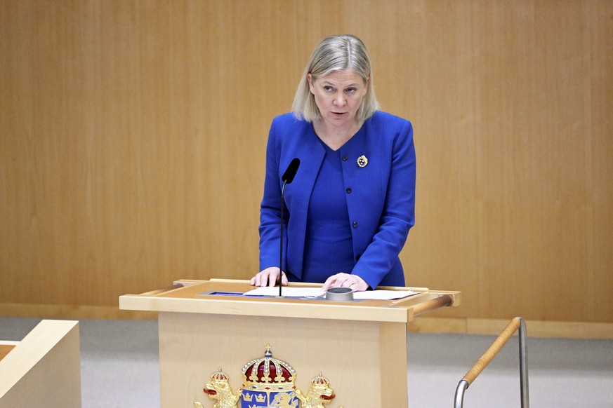 Prime Minister Magdalena Andersson talks during the parliamentary debate on the Swedish application for NATO membership, in Stockholm, Monday, May 16, 2022. Finland and Sweden have signaled their inte ...