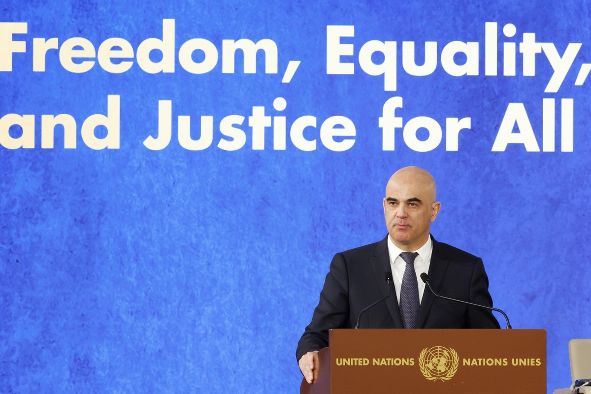 Alain Berset en plein discours d'ouverture de la conférence, mardi au siège européen des Nations Unies à Genève.