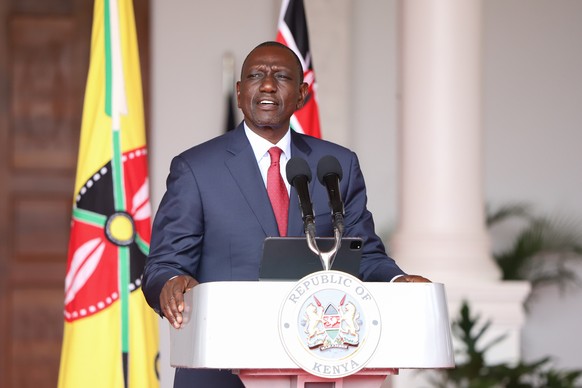 epa11472365 The President of Kenya William Ruto speaks during a press conference at the State House in Nairobi, Kenya, 11 July 2024. After weeks of anti-government protests, which left several dozens  ...