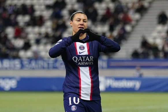 PARIS, FRANCE - NOVEMBER 23: Ramona Bachmann is reacting after scoring on a penalty during the Women Champions League game between Paris Saint-Germain PSG and Vllaznia Femra on November 23, 2022, at S ...