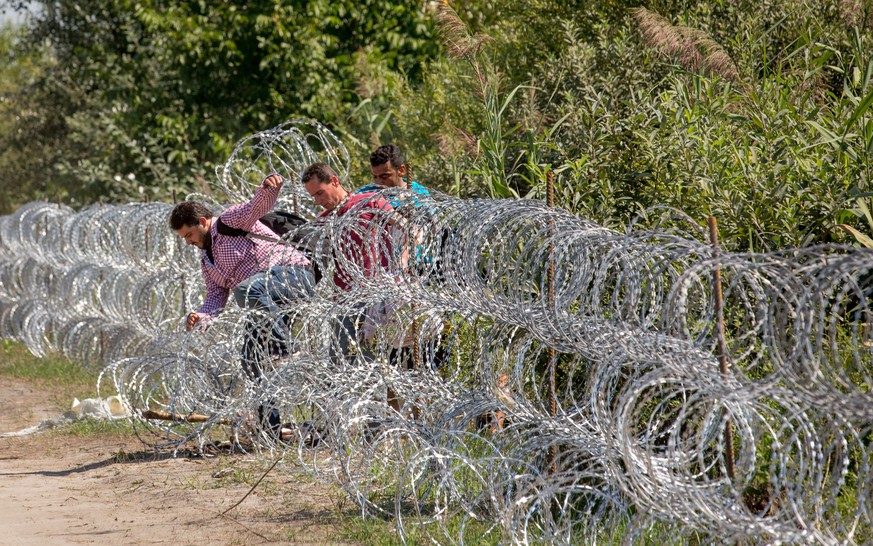 Eine Gruppe von Flüchtlingen übersteigt den Stacheldraht, der die Grenze zwischen Serbien und Ungarn sichern soll.&nbsp;