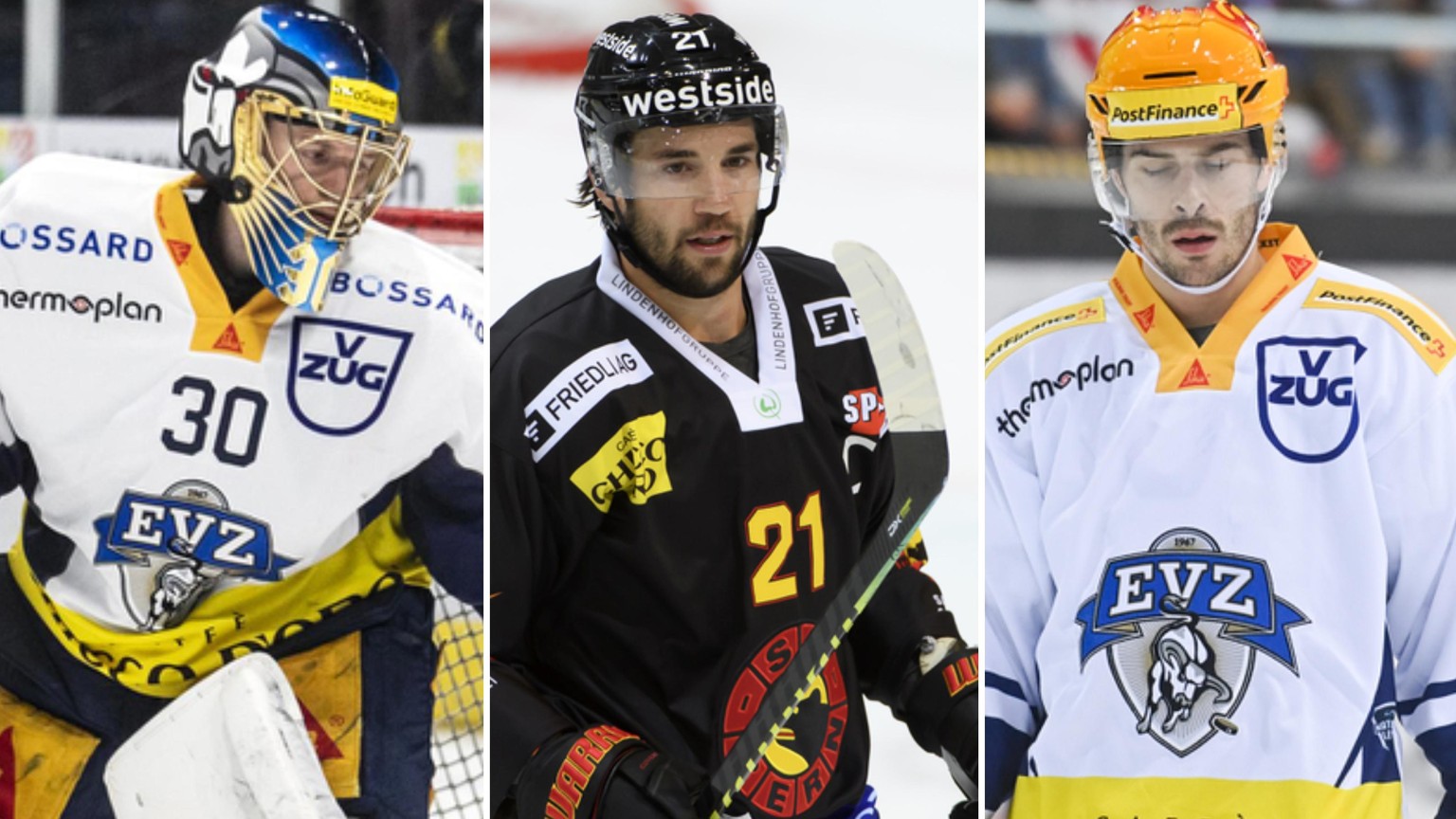 Goalie Leonardo Genoni, Stürmer Simon Moser, Verteidiger Raphael Diaz (von links).