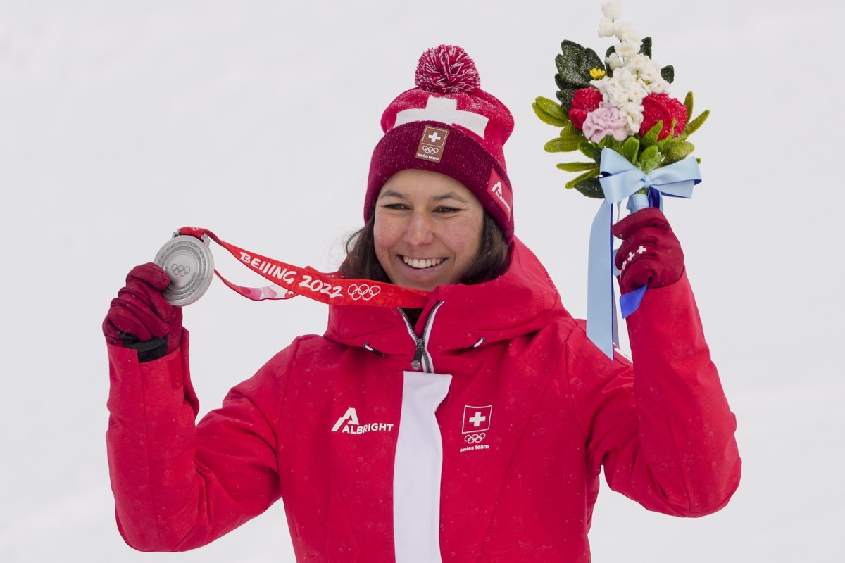 Wendy Holdener, of Switzerland, celebrates winning the silver medal in the women's combined at the 2022 Winter Olympics, Thursday, Feb. 17, 2022, in the Yanqing district of Beijing. (AP Photo/Mar ...