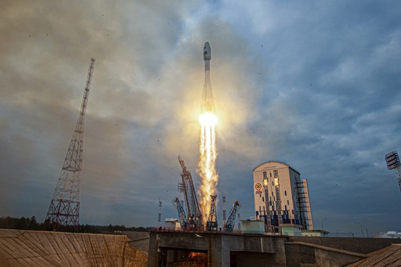 In this image made from video released by Roscosmos State Space Corporation, the Soyuz-2.1b rocket with the moon lander Luna-25 automatic station takes off from a launch pad at the Vostochny Cosmodrom ...