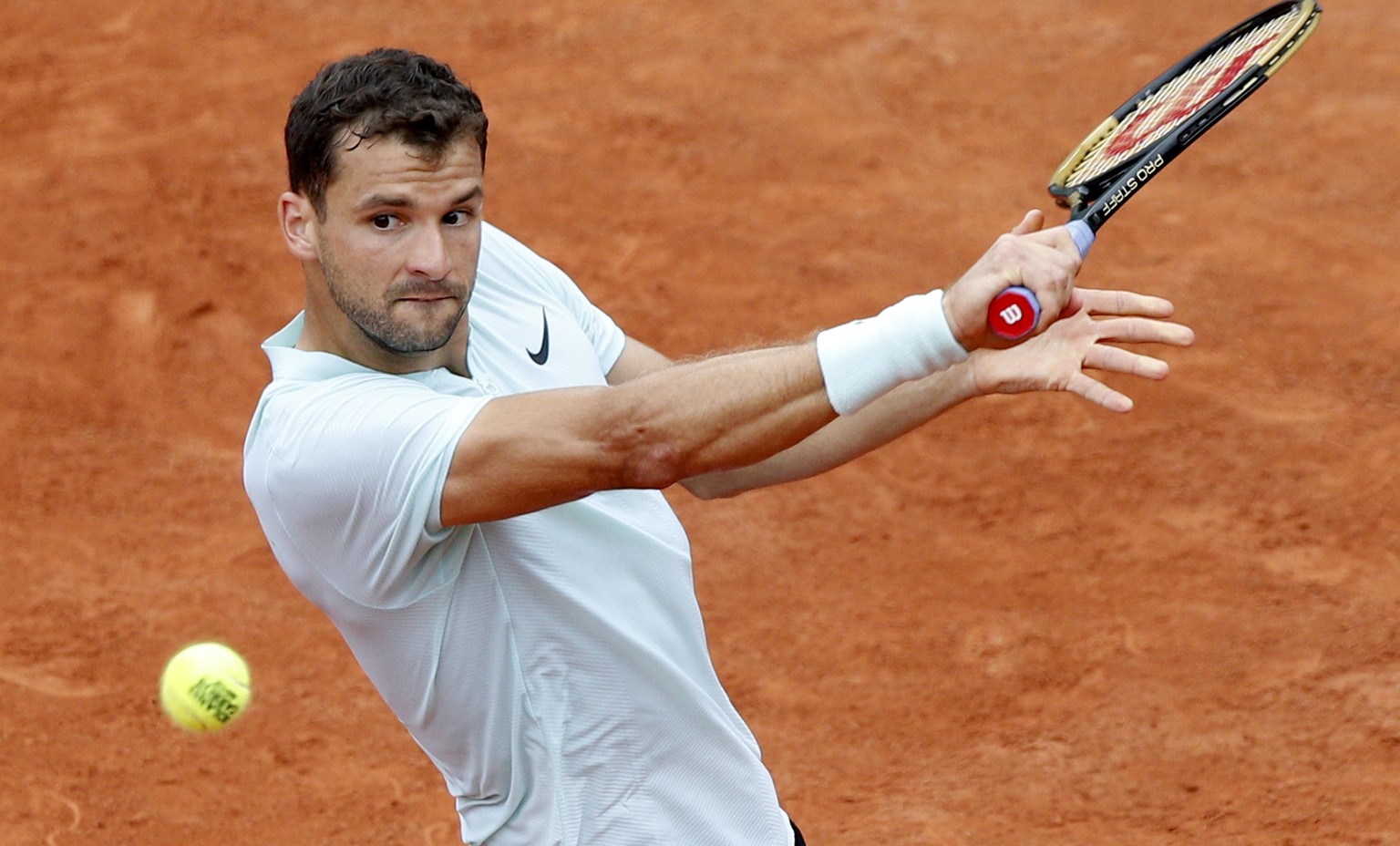 Bulgaria&#039;s Grigor Dimitrov returns the ball to Spain&#039;s Fernando Verdasco during their third round match of the French Open tennis tournament at the Roland Garros stadium, Friday, June 1, 201 ...