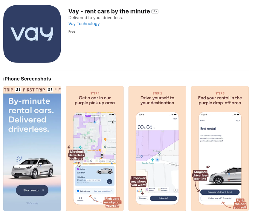 Screenshot of the Vay app (car sharing).