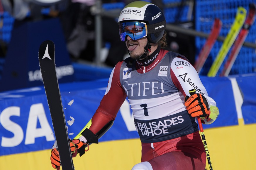 Austria&#039;s Manuel Feller reacts after his run during a men&#039;s World Cup giant slalom skiing race Saturday, Feb. 24, 2024, in Olympic Valley, Calif. (AP Photo/John Locher)