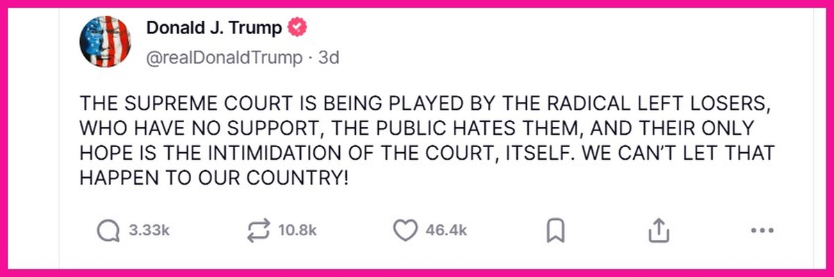 Wenn der US-Präsident nicht kriegt, was er will, dann lässt er auf Truth Social Dampf ab. In diesem Fall unterstellt er dem konservativen Obersten Gerichtshof, von der radikalen Linken beeinflusst zu  ...