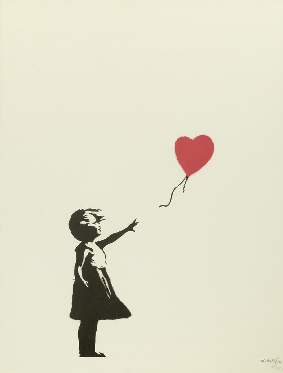 epa04782635 An undated handout image provided by Bonhams auction house in London on 04 June 2015 shows the artwork 'Balloon Girl' from 2004 by British street artist Banksy. Bonhams British Master Prin ...