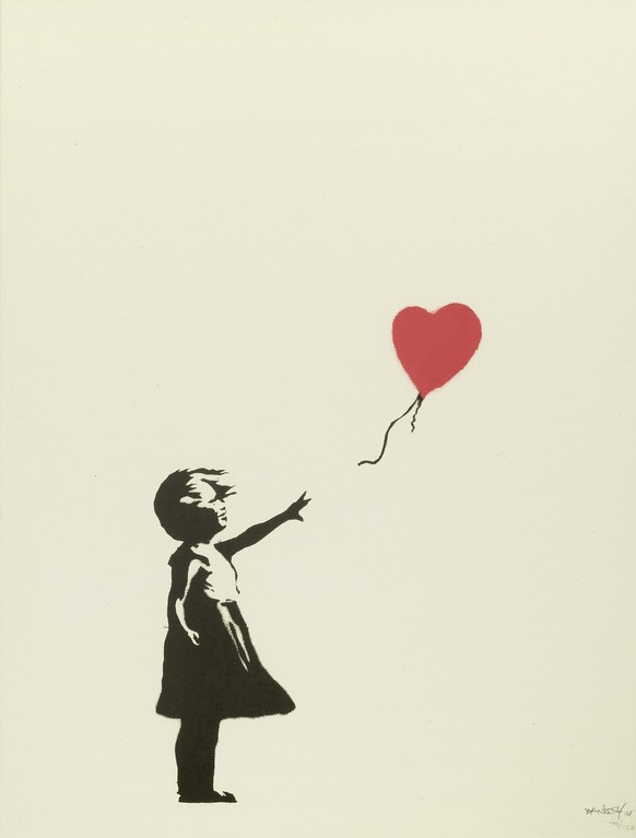 epa04782635 An undated handout image provided by Bonhams auction house in London on 04 June 2015 shows the artwork &#039;Balloon Girl&#039; from 2004 by British street artist Banksy. Bonhams British M ...