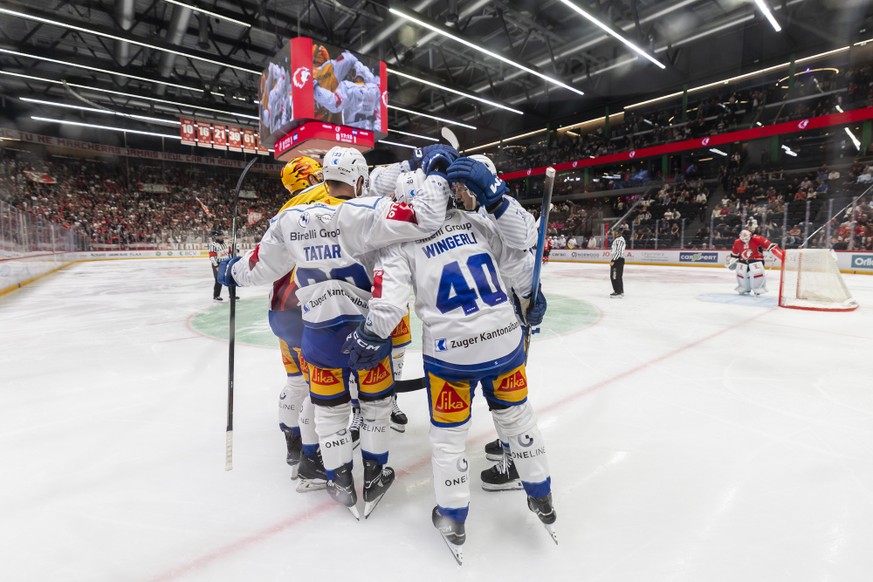 la joie des joueurs du EV Zug, EVZ, lors du match du championnat suisse de hockey sur glace de National League entre Lausanne HC (LHC) et EV Zoug (EVZ) ce mardi 15 septembre 2026 a la patinoire de la  ...
