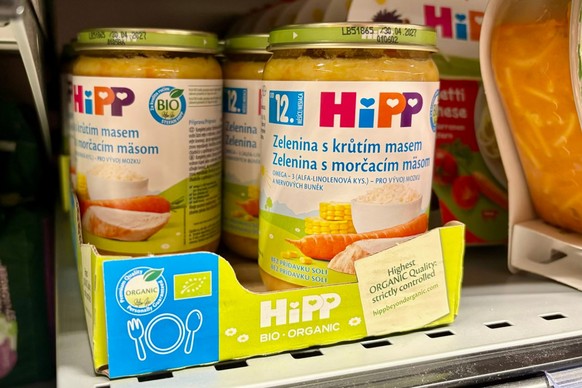 A view of HIPP baby food on a shelf, in Ceske Budejovice, Czech Republic, Sunday, April 19, 2026. (AP Photo/Stanislav Hodina)
Austria Baby Food Rat Poison
