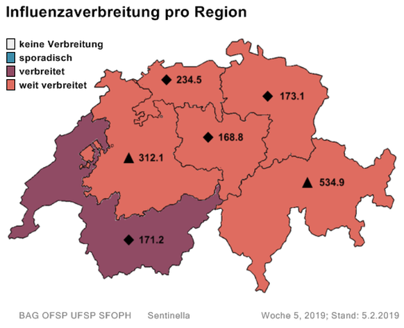 Influenzaverbreitung pro Region.