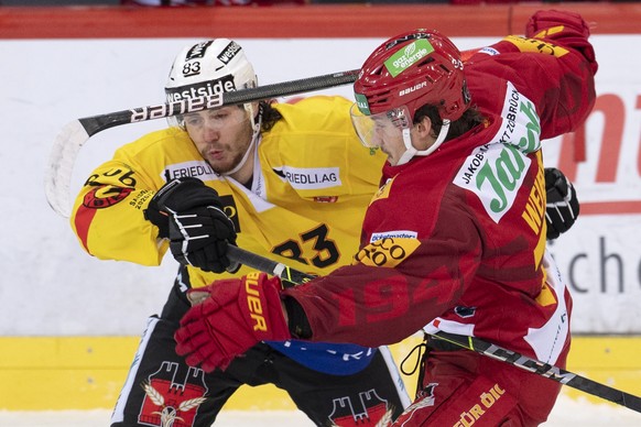 Tigers Keijo Weibel, rechts, kaempft um den Puck gegen Berns Janis Elsener, links, waehrend dem Meisterschaftsspiel der National League zwischen den SCL Tigers und dem SC Bern, am Mittwoch, 30. Dezemb ...