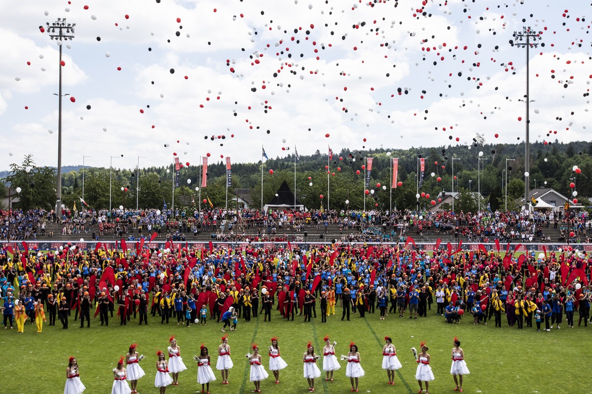 Die Schlussfeier des Eidgenoessischen Turnfest 2019 in Aarau am Sonntag, 23. Juni 2019 im Stadion Bruegglifeld in Aarau. Das Eidgenoessische Turnfest in Aarau dauert vom 13. Juni bis 23. Juni 2019. (K ...
