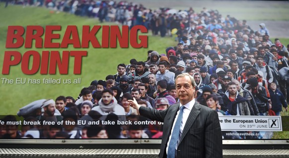 epa05368892 Britain's Nigel Farage poses for photographers during the launch of a new poster campaign ahead of the EU referendum at Smith Square in London, Britain, June 16, 2016. Farage continues to cam...