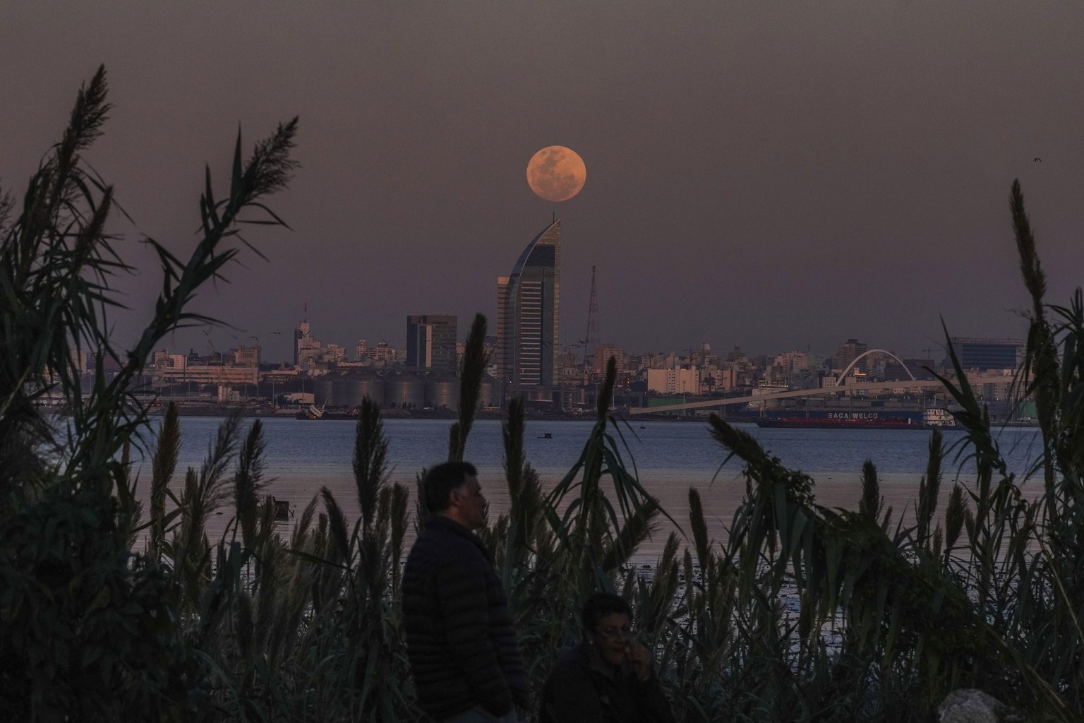 A supermoon rises over Montevideo, Uruguay, Wednesday, Aug. 30, 2023. The cosmic curtain rose Wednesday night with the second full moon of the month, also known as a blue moon. (AP Photo/Matilde Campo ...