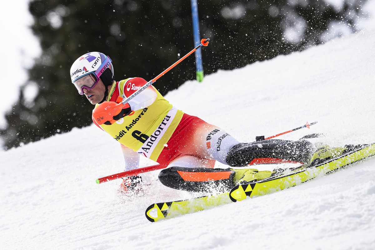 Daniel Yule of Switzerland in action during the first run of the men's slalom race at the FIS Alpine Skiing World Cup finals in Soldeu, Andorra, Sunday, March 19, 2023. (KEYSTONE/Jean-Christophe  ...