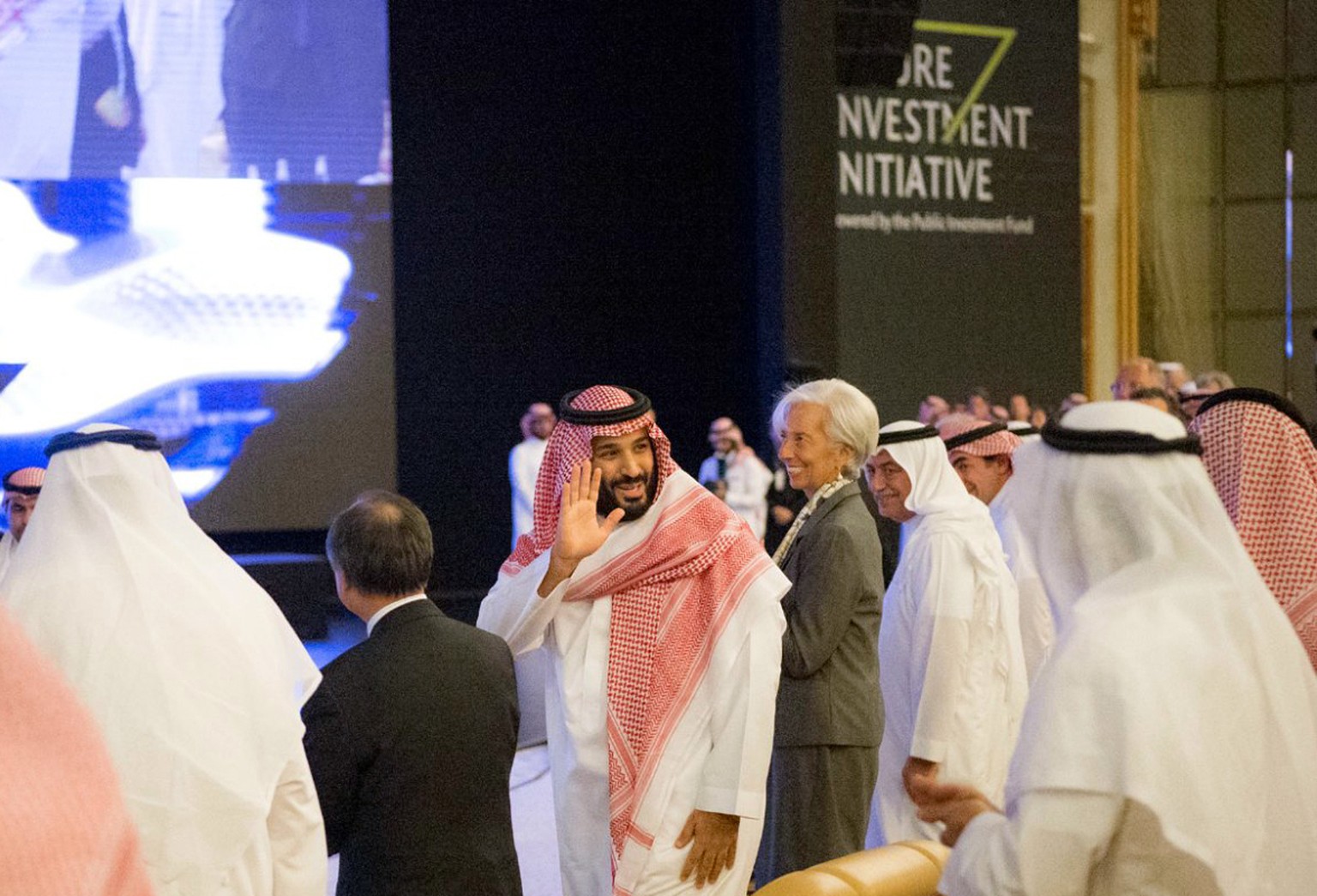 In this photo released by Saudi Press Agency, SPA, Saudi Crown Prince Mohammed bin Salman, center left, and Managing Director of International Monetary Fund Christine Lagarde, center right, attend the ...