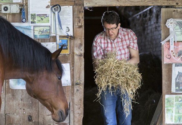 Albert Rösti kümmert sich im Mai 2015 in Uetendorf (BE) um sein Pferd. &nbsp;