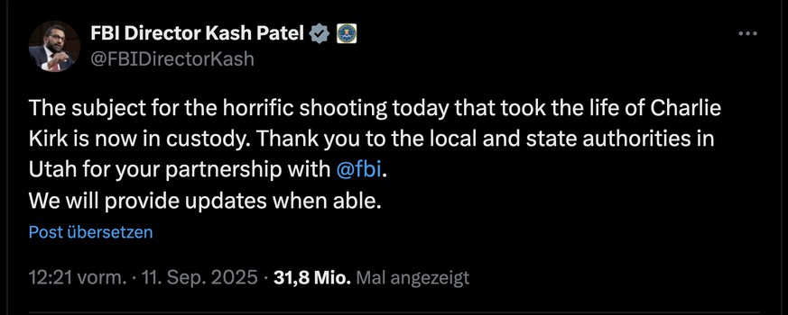 Tweet mit Falschinformation zur angeblichen Verhaftung des Mörders von Charlie Kirk durch den FBI-Chef Kash Patel (11. September 2025)