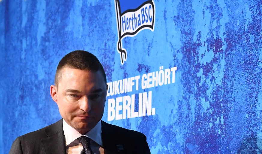 Michael Preetz Manager Hertha BSC, Lars Windhorsdt Investor und Anteilseigner Hertha BSC, Werner Gegenbauer Pr�sident Hertha BSC, hier Lars Windorst Pressekonferenz Hertha BSC Medienraum Hanns-Braun-S ...