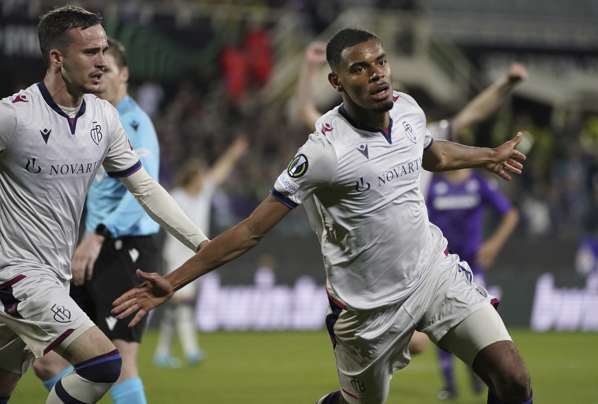 Basel 1893's Andy Diouf celebrates after scoring the goal of 1-1 during a Conference League first leg semifinal soccer match between FC Basel 1893 and ACF Fiorentina, at Artemio Franchi Stadium,  ...