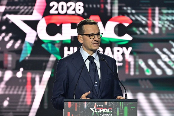 epa12839062 Former Prime Minister of Poland Mateusz Morawiecki speaks at the Conservative Political Action Conference (CPAC) in MTK Sportpark in Budapest, Hungary, 21 March 2026. The Hungarian edition ...